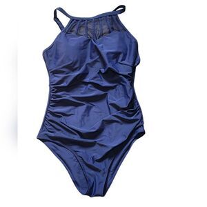 Holipick Navy Blue High Neck Mesh One-Piece Swimsuit